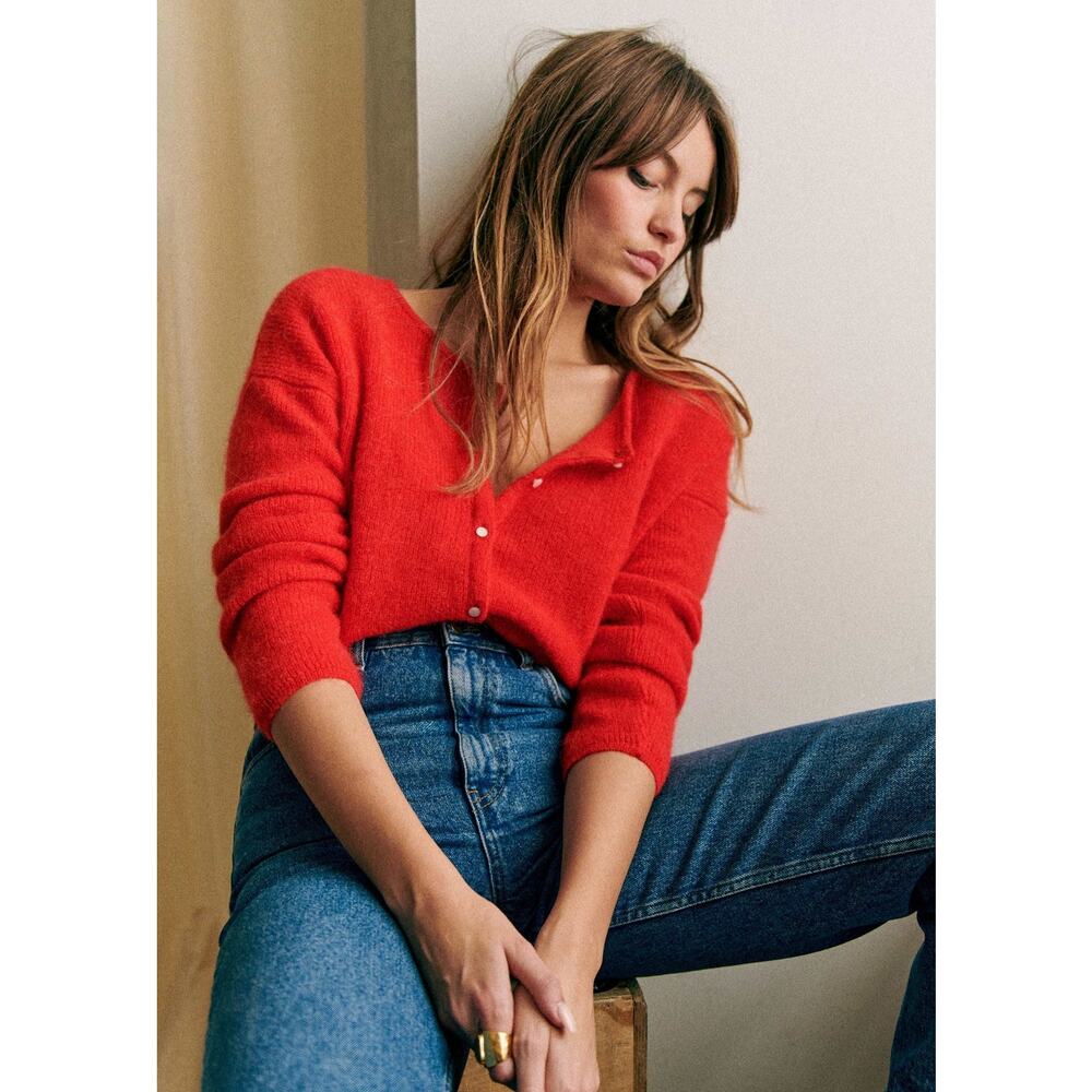 SeZane Gaspard Cardigan Beaded Rib Knit Round Neck Red - S - Picture 2 of 4